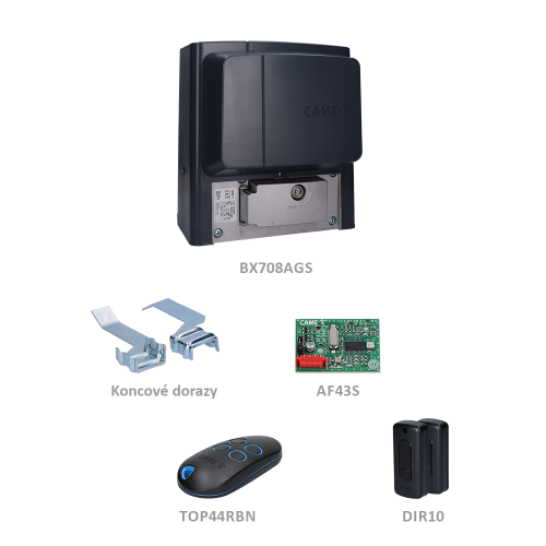 CAME BX STRONG sada pre posuvnú bránu do 800kg, 1x BX708AGS (230V, 520W, 800N), 1x ZBX7N, 1x AF43S, 1x TOP44RBN, 1 pár DIR10